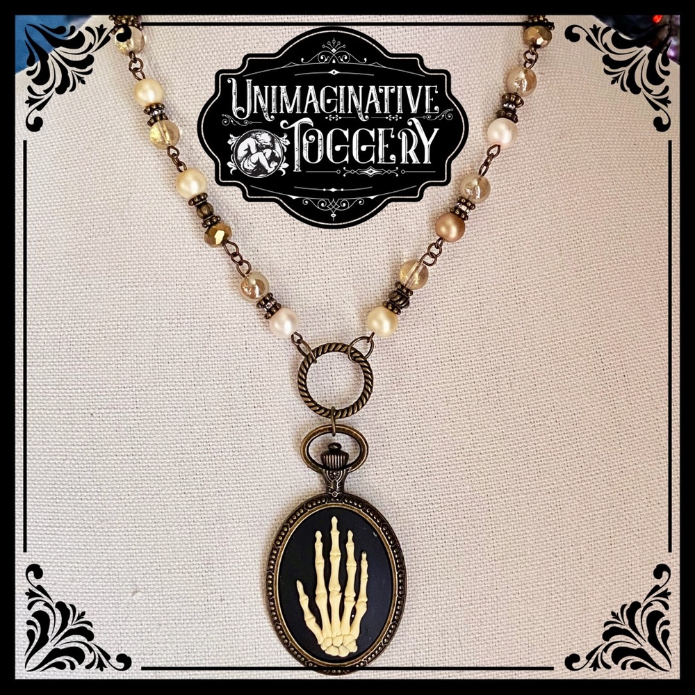 Skeleton bones  hand cameo watch beaded necklace